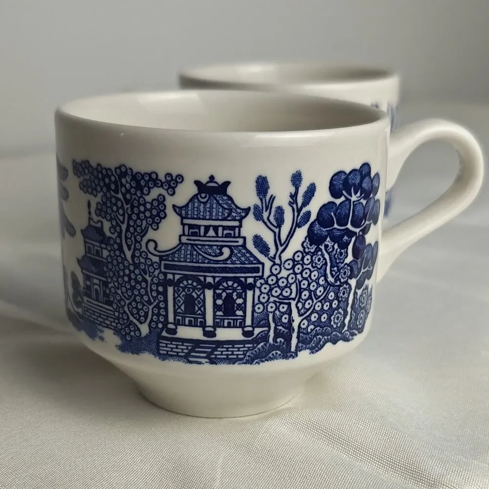 2 Vintage CHURCHILL England cobalt Blue Tea Coffee Cups asian Japan inspired